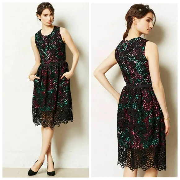 Anthropologie Black Crochet Lace "Terrace Sheeth Dress" by Wolven Pockets 10 - Picture 2 of 16